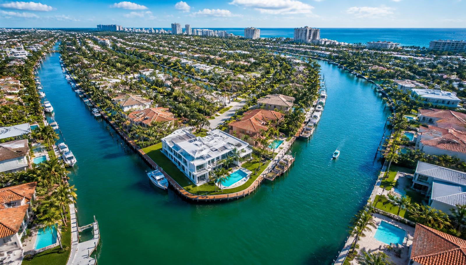 Aerial view of a South Florida waterfront neighborhood