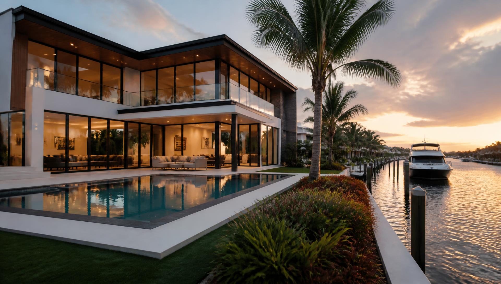 Waterfront South Florida home with floor-to-ceiling impact glass at sunset